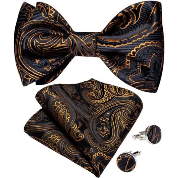 Men Bow Tie Paisley Striped 01 Black Gold - Picture 1 of 6
